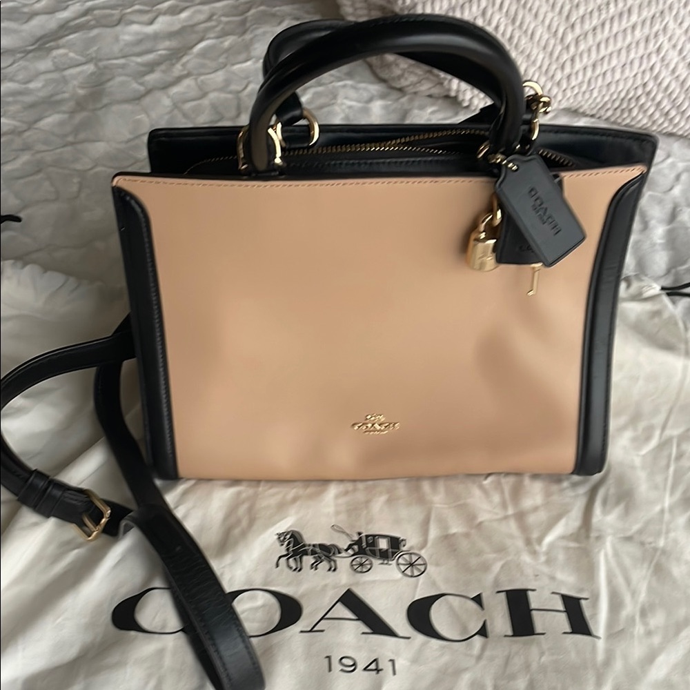 Coach Black and Tan Satchel with Signature Hardware